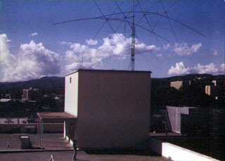 Club station on the UCLA campus in the early 1970's. Antenna was a 3-band 4-el. quad with full size 2-el. 40 M beam rebuilt by Rocco Lardiere (N6KN), Ken Seidner (WA6DPQ), and club members.